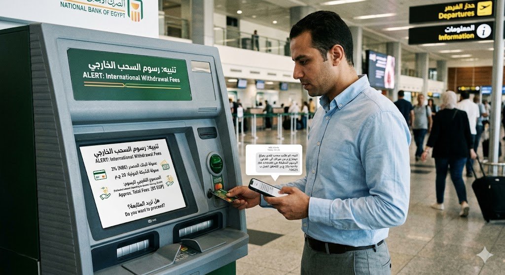 شكل (2): تنبيه العمولات الدولية على ماكينة الصراف الآلي والهاتف الذكي.
