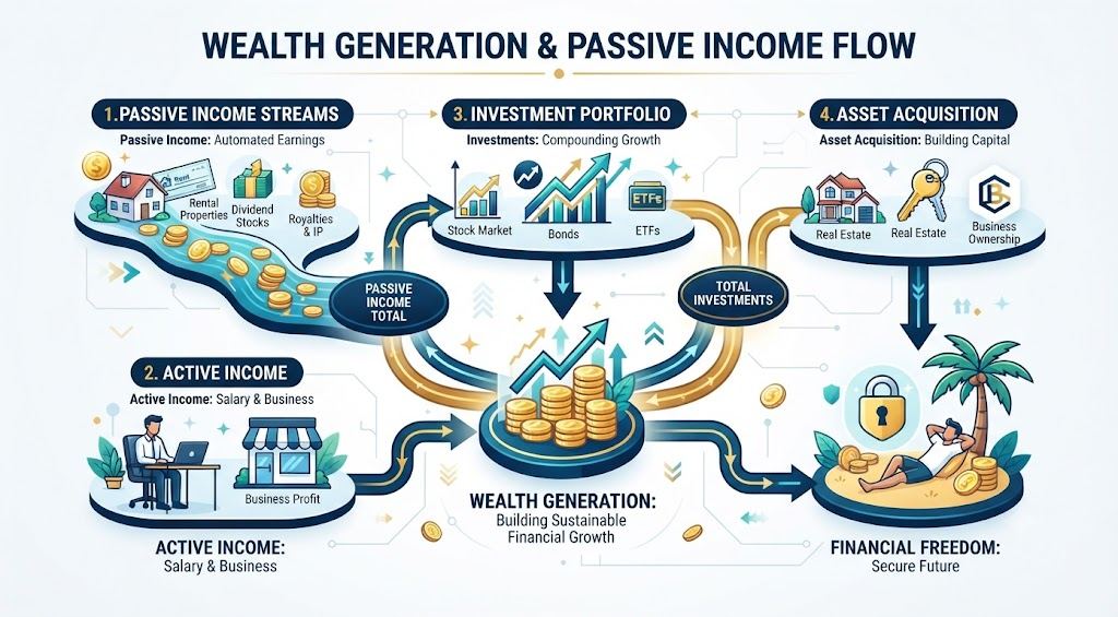 مخطط توليد الثروة والدخل السلبي - Wealth Generation and Passive Income Flow Chart